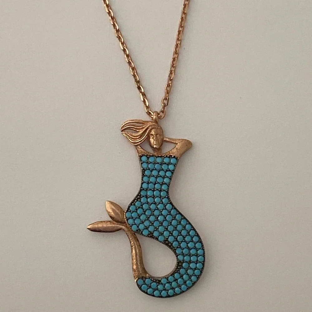 🧜🏻‍♀️Mermaid 925 silver necklace turquoise stones 14k rose gold plated
